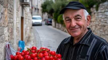 Elderly Man Holding Basket of Red Tomatoes in Old Town Street