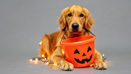 Adorable Golden Retriever Puppy with Halloween Candy Bucket