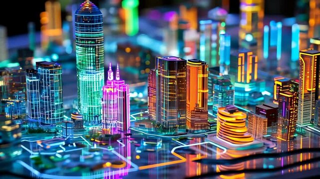 Generative 4k video. Colorful miniature cityscape model featuring illuminated skyscrapers and vibrant lights, showcasing urban architecture and innovative design elements in a dynamic layout - Powered by Adobe
