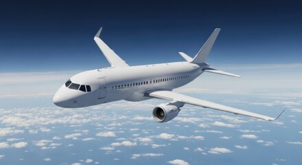 Obraz premium A sleek white passenger jet soars above a sea of fluffy clouds
