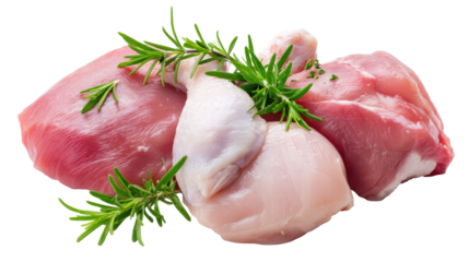 Raw chicken and pork meat isolated on transparent background with fresh rosemary herb