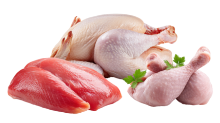 Raw chicken meat isolated on transparent background with fresh drumstick and breast pieces