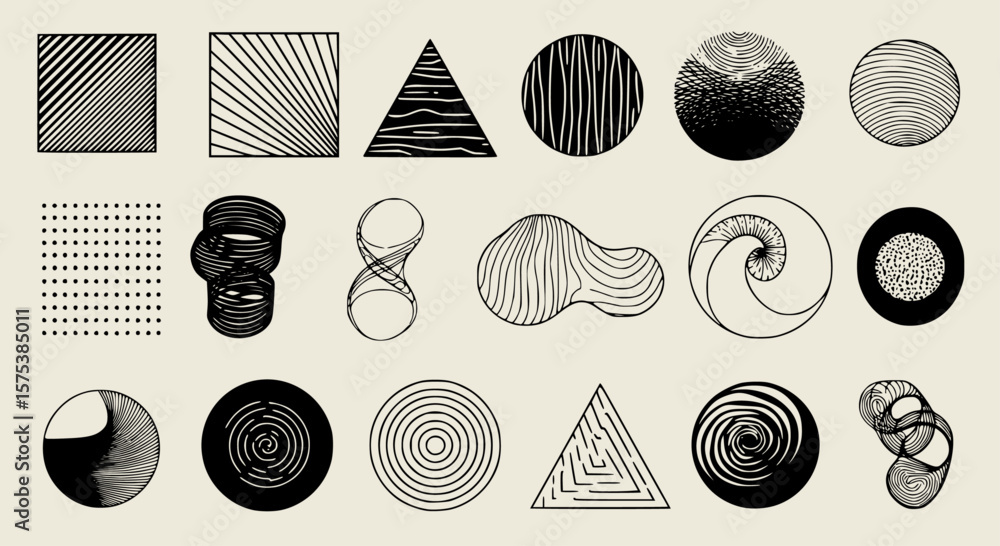 Poster collection of black and white geometric elements showcases different shapes and patterns for artisti