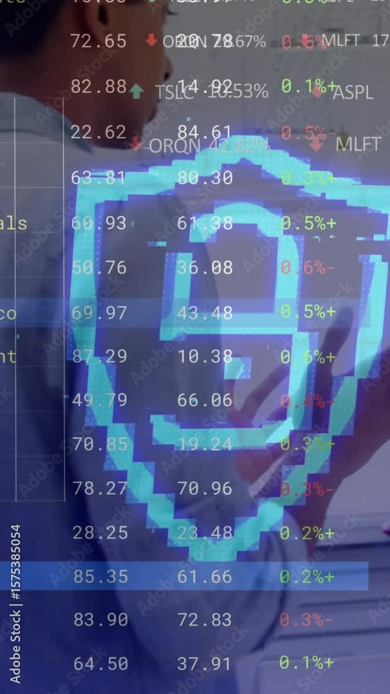 Aufkleber animation of data processing and padlock over diverse colleagues talking in office