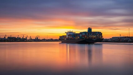 Cargo ship slowly leaving harbor at sunset, creating small ripples on calm water under soft light, reflecting tranquility. This cargo ship slowly leaving harbor paints a serene farewell scene,