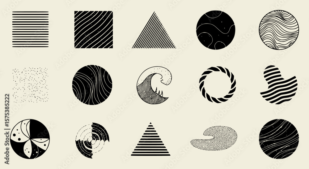 Poster graphic shapes in black and white create a retro design featuring geometric and natural elements on 