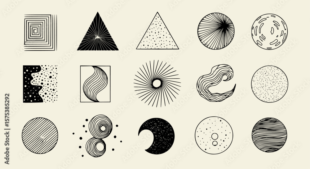 Poster assorted geometric shapes and patterns displayed in a minimalist, monochrome, hand-drawn style on a 