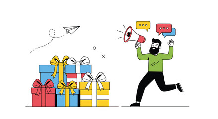 Announcing exciting gifts and promotions with a cheerful megaphone user spreading joyful news far and wide