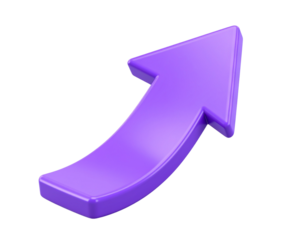 A sleek, three-dimensional arrow in a bright purple hue, rendered with smooth curves 