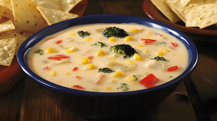 Creamy Corn Broccoli Cheese Soup Bowl with Tortilla Chips