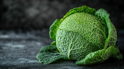 Fototapeta premium Fresh green savoy cabbage on dark surface