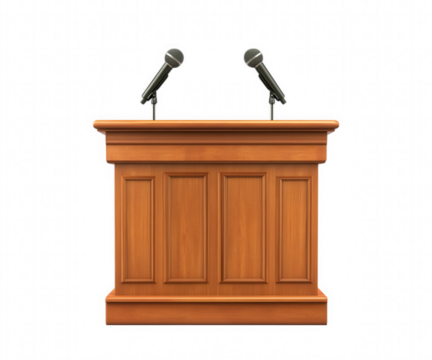 Wooden podium with two microphones isolated on transparent background