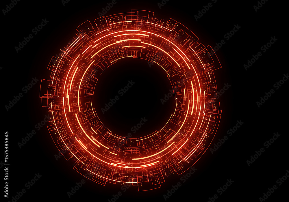 Poster circular glowing red tech design with intricate details on a black background creating a portal effe