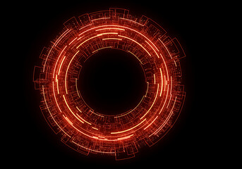 Circular glowing red tech design with intricate details on a black background creating a portal effect