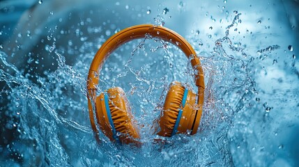Headphones in Splash of Water: Vibrant Headphones Surrounded by Refreshing Water Symbolizing Audio Immersion