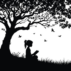 Person Reading Under Tree Silhouette Featuring Black and White Illustration of Individual Seated on Grass with Open Book Beneath Large Leafy Canopy and Birds Flying in Background for Nature, Education
