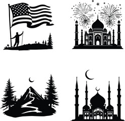 American Patriotism, Indian Heritage, Natural Landscape, and Islamic Architecture Silhouettes Featuring Four Black and White Illustrations of Flag Bearer on Hill, Taj Mahal with Fireworks, Snowy 