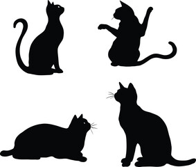 Four Cat Silhouettes Vector Featuring Black Icons of Sitting, Standing, Lying Down, and Tail-Extended Poses Depicting Common Feline Behaviors for Pet, Animal, and Minimalist-Themed Design