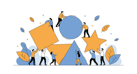 Diverse team collaborates to assemble abstract geometric shapes creating a unified structure