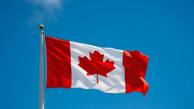 National flag of Canada waving against bright blue sky. Red maple leaf stands boldly in center of white field, conveying national pride, because Canada flag, symbol of unity and heritage,