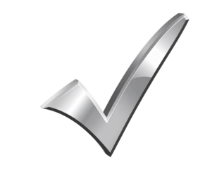 A three-dimensional check mark with a polished metallic finish, indicating success, 