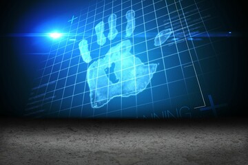 Digitally generated Hand print on blue grid