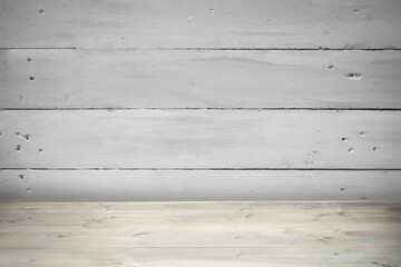 Minimalist illustration is showing wooden tabletop with painted plank wall and wood grain texture