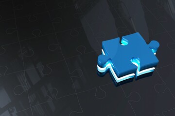 Glossy blue puzzle piece is hovering over dark reflective etched puzzle board in 3D render