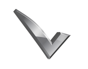 A three-dimensional check mark with a polished metallic finish, indicating success,