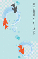 金魚のイラストの暑中見舞いの縦書きハガキテンプレート素材