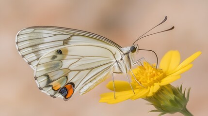 Closeup of White Butterfly on Yellow Flower Macro Photography