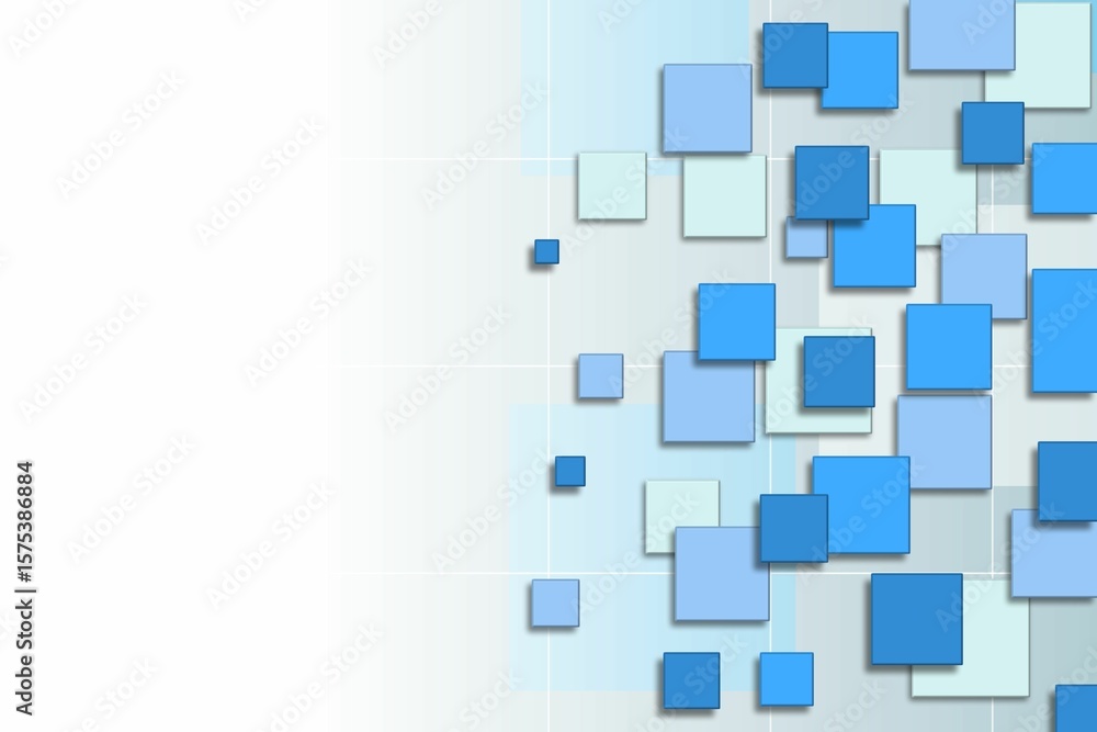 Poster showing overlapping blue teal squares in flat design casting shadows over grid on gradient backdrop