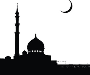 Islamic Heritage Mosque Silhouette Illustration Featuring Crescent Moon Above Dome and Single Minaret in Minimalist Black Line Art