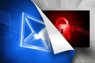 Blue background with envelope over picture of red lock