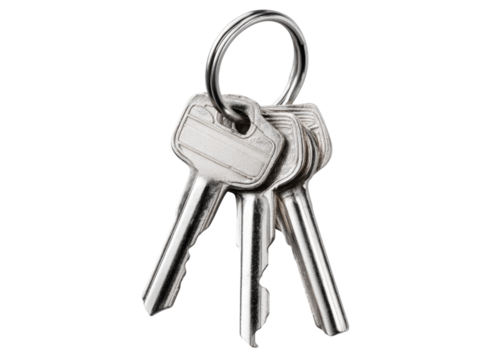 Three silver keys on a metal keyring isolated on black background, On Transparent Background, Png