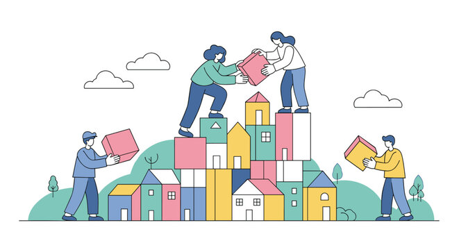 Teamwork building colorful cityscape using interlocking blocks and abstract elements