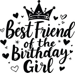 Best Friend Birthday Crown Illustration Featuring Heart Accents and Stylized Text in Black Line Art
