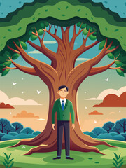 Businessman Standing Underneath a Large Tree in a Peaceful Landscape