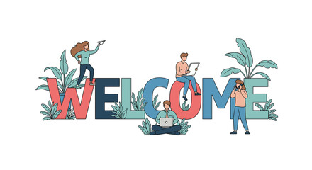 Welcome message featuring diverse people and lush greenery art
