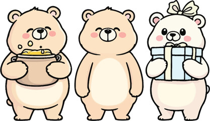 Cartoon Bear Trio Illustration Featuring Honey Pot, Neutral Pose, and Gift Box in Playful Black Line Art