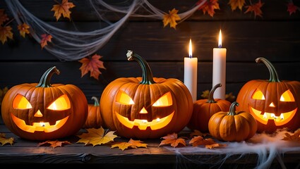 Spooky Halloween Setup: A festive tableau of carved pumpkins and flickering candlelight, adorned with autumnal leaves and spiderwebs, sets a haunting scene perfect for the eerie holiday.
