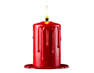 A vibrant red candle burns with a steady flame, its warm wax dripping dramatically