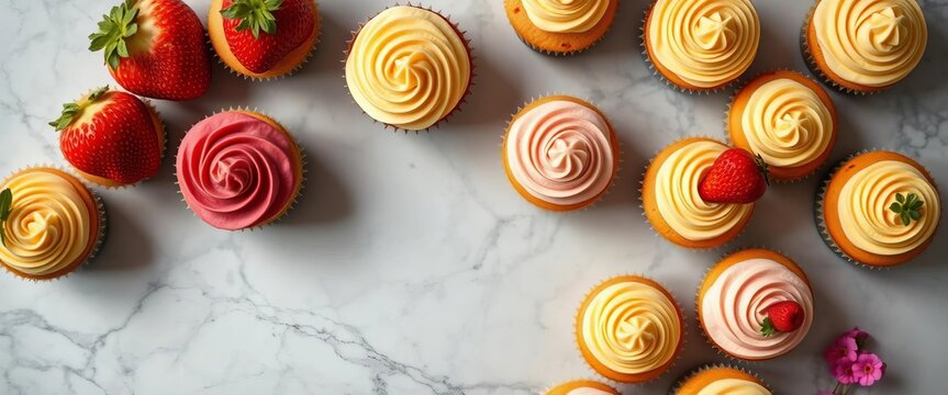 Homemade cupcakes arranged on a marble surface, overhead view, cream cheese frosting, marble countertop