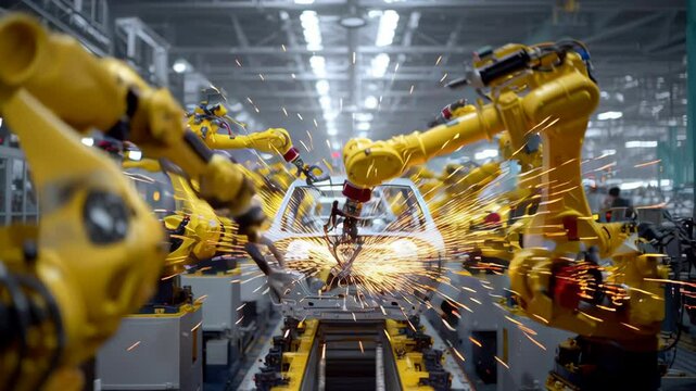 Robotic Arms Assembling a Car on an Automotive Factory Assembly Line
