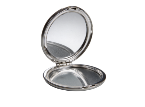 Elegant silver compact mirror open reflection beauty accessory, On Transparent Background, Png