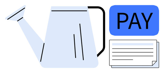 A watering can beside a PAY label and file papers suggests financial growth, payment processes, and organization. Ideal for finance, savings, investments, growth, productivity, planning simple flat