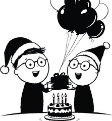 Festive Giving Celebration Illustration Featuring Santa Hat Characters, Gift Box Exchange, Birthday Cake, and Floating Balloons