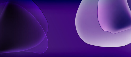 Abstract purple shapes overlap, creating fluid gradients. Dark background emphasizes luminous curves, soft textures. Minimalist design.
