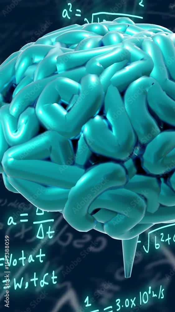 Poster brain animation over mathematical equations and formulas