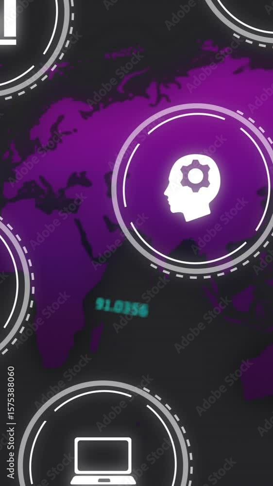Poster business icons and data processing animation over world map